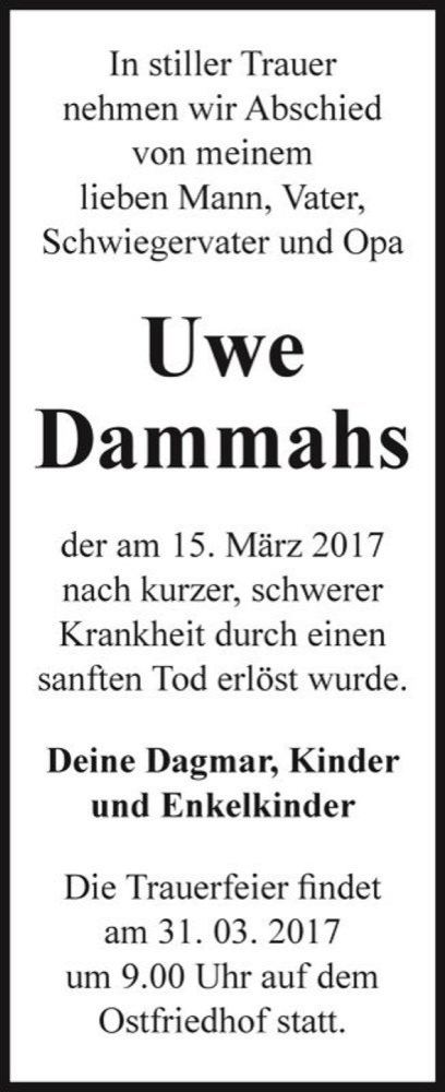  Traueranzeige für Uwe Dammahs  vom 25.03.2017 aus Magdeburger Volksstimme