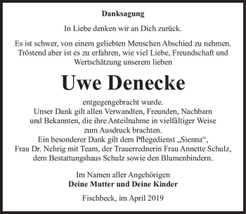 Traueranzeige von Uwe Denecke  von Magdeburger Volksstimme