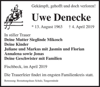Traueranzeige von Uwe Denecke  von Magdeburger Volksstimme