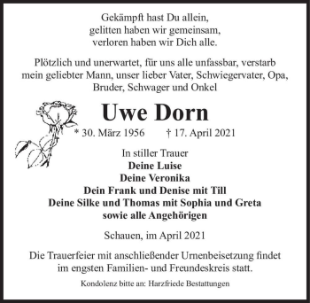 Traueranzeige von Uwe Dorn  von Magdeburger Volksstimme