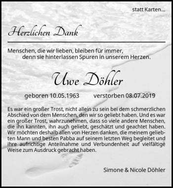 Traueranzeige von Uwe Döhler  von Magdeburger Volksstimme