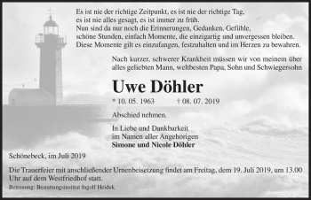 Traueranzeige von Uwe Döhler  von Magdeburger Volksstimme