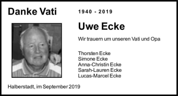 Traueranzeige von Uwe Ecke  von Magdeburger Volksstimme
