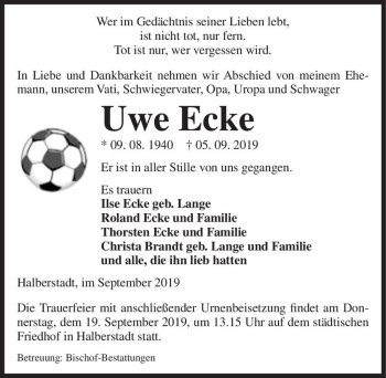 Traueranzeige von Uwe Ecke  von Magdeburger Volksstimme