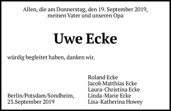 Traueranzeige von Uwe Ecke  von Magdeburger Volksstimme