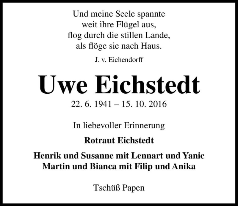  Traueranzeige für Uwe Eichstedt  vom 05.11.2016 aus Magdeburger Volksstimme