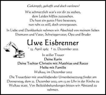 Traueranzeige von Uwe Eisbrenner  von Magdeburger Volksstimme