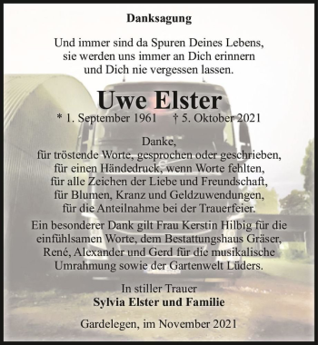 Traueranzeige von Uwe Elster  von Magdeburger Volksstimme