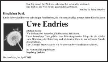 Traueranzeige von Uwe Endries  von Magdeburger Volksstimme