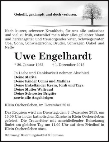 Traueranzeige von Uwe Engelhardt  von Magdeburger Volksstimme