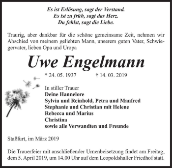 Traueranzeige von Uwe Engelmann  von Magdeburger Volksstimme