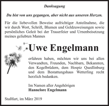 Traueranzeige von Uwe Engelmann  von Magdeburger Volksstimme