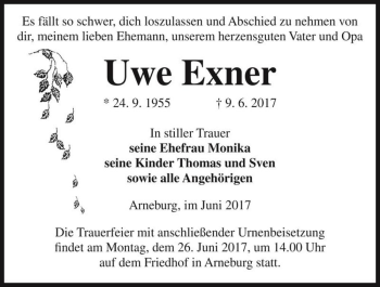 Traueranzeige von Uwe Exner  von Magdeburger Volksstimme