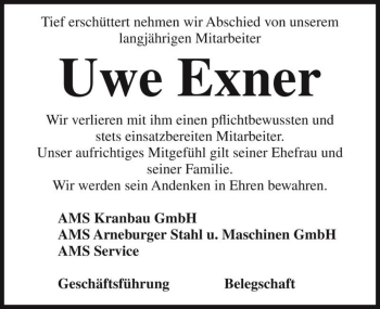 Traueranzeige von Uwe Exner  von Magdeburger Volksstimme