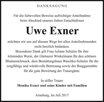 Traueranzeige von Uwe Exner  von Magdeburger Volksstimme