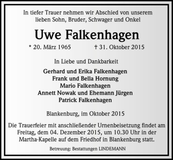 Traueranzeige von Uwe Falkenhagen  von Magdeburger Volksstimme