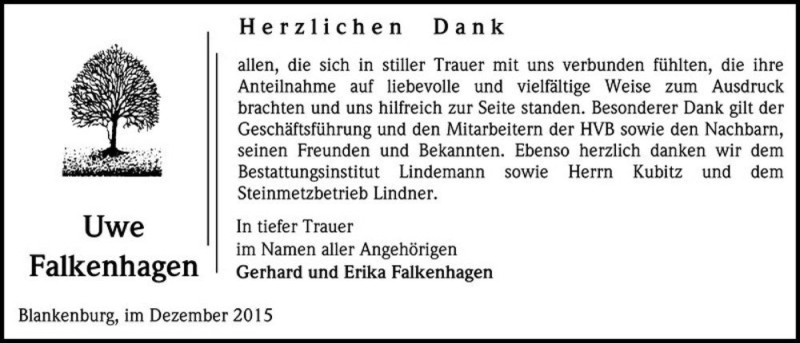  Traueranzeige für Uwe Falkenhagen  vom 12.12.2015 aus Magdeburger Volksstimme