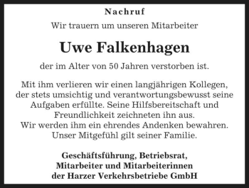 Traueranzeige von Uwe Falkenhagen  von Magdeburger Volksstimme