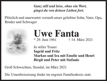 Traueranzeige von Uwe Fanta  von Magdeburger Volksstimme