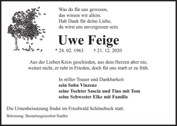 Traueranzeige von Uwe Feige  von Magdeburger Volksstimme