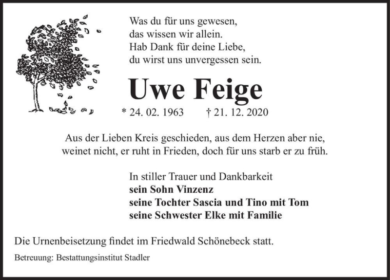  Traueranzeige für Uwe Feige  vom 20.01.2021 aus Magdeburger Volksstimme
