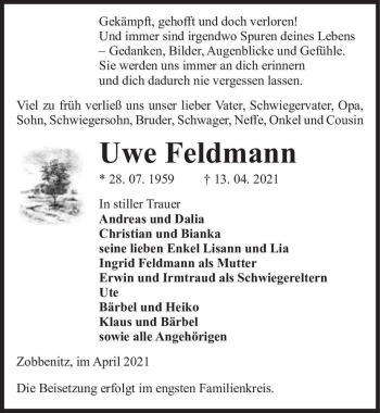 Traueranzeige von Uwe Feldmann  von Magdeburger Volksstimme