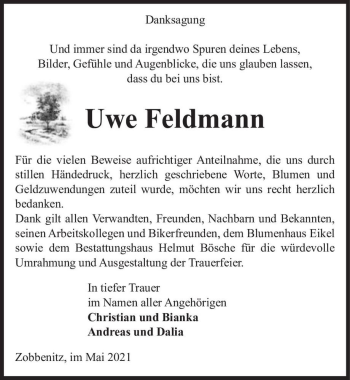 Traueranzeige von Uwe Feldmann  von Magdeburger Volksstimme