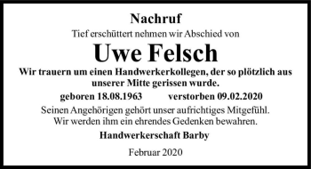 Traueranzeige von Uwe Felsch  von Magdeburger Volksstimme