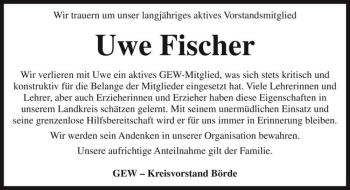 Traueranzeige von Uwe Fischer  von Magdeburger Volksstimme