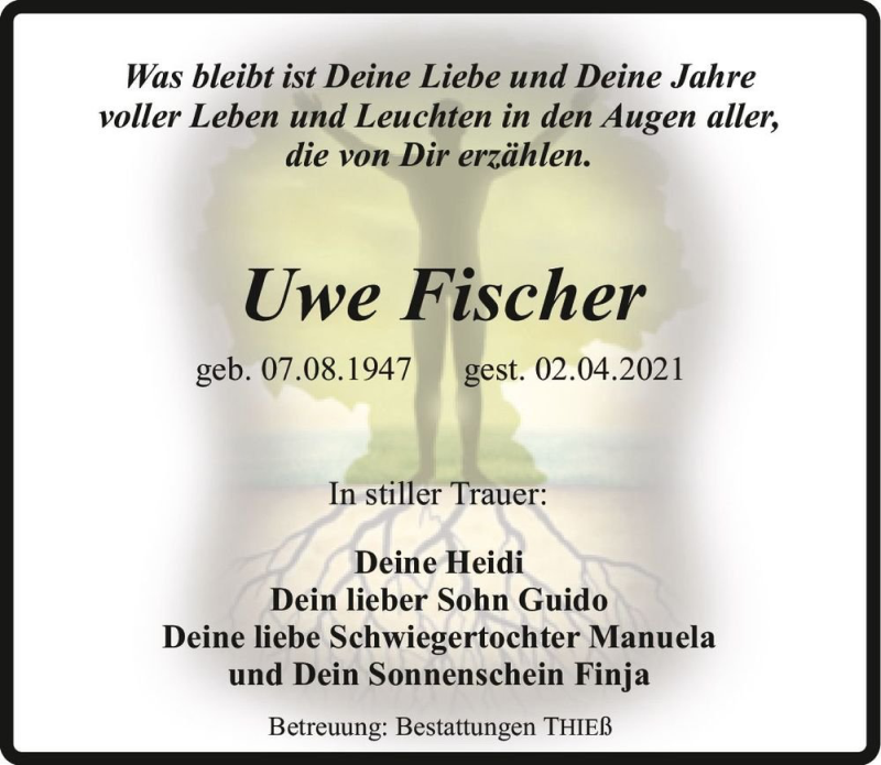  Traueranzeige für Uwe Fischer  vom 17.04.2021 aus Magdeburger Volksstimme