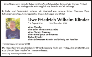 Traueranzeige von Uwe Friedrich Wilhelm Klinder  von Magdeburger Volksstimme