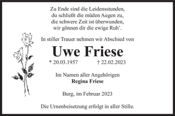 Traueranzeige von Uwe Friese  von Magdeburger Volksstimme