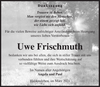 Traueranzeige von Uwe Frischmuth  von Magdeburger Volksstimme