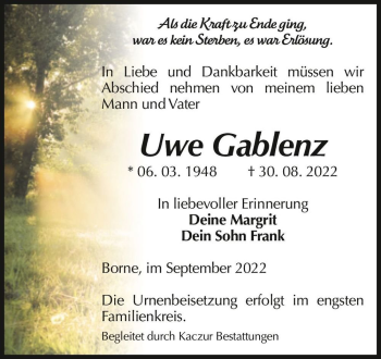 Traueranzeige von Uwe Gablenz  von Magdeburger Volksstimme