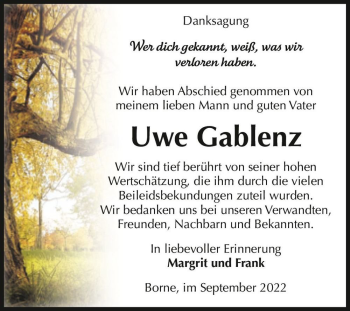 Traueranzeige von Uwe Gablenz  von Magdeburger Volksstimme