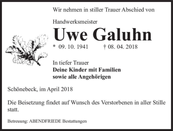 Traueranzeige von Uwe Galuhn  von Magdeburger Volksstimme