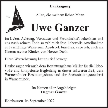 Traueranzeige von Uwe Ganzer  von Magdeburger Volksstimme