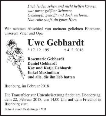 Traueranzeige von Uwe Gebhardt  von Magdeburger Volksstimme