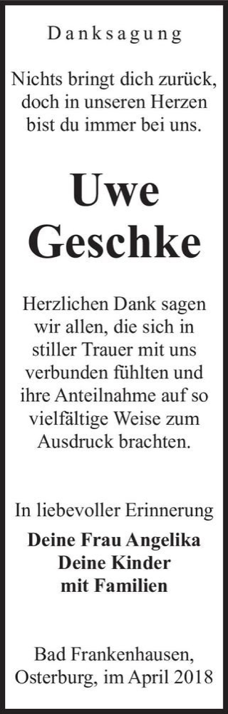 Traueranzeige von Uwe Geschke  von Magdeburger Volksstimme