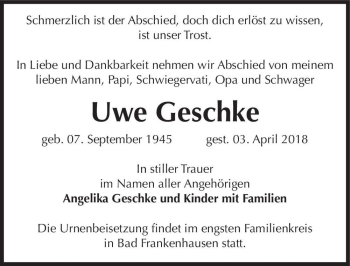 Traueranzeige von Uwe Geschke  von Magdeburger Volksstimme