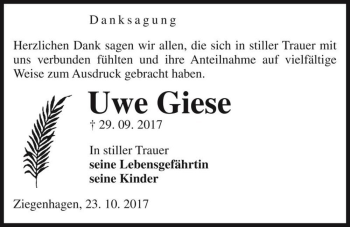 Traueranzeige von Uwe Giese  von Magdeburger Volksstimme