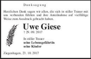 Traueranzeige von Uwe Giese  von Magdeburger Volksstimme