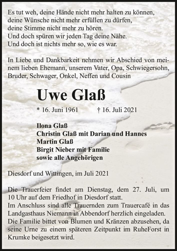  Traueranzeige für Uwe Glaß  vom 22.07.2021 aus Magdeburger Volksstimme