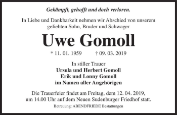Traueranzeige von Uwe Gomoll  von Magdeburger Volksstimme