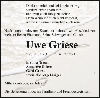Traueranzeige von Uwe Griese  von Magdeburger Volksstimme