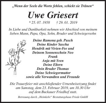 Traueranzeige von Uwe Griesert  von Magdeburger Volksstimme