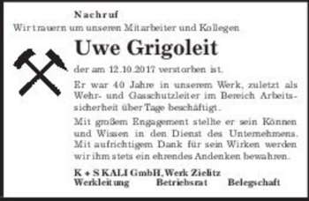 Traueranzeige von Uwe Grigoleit  von Magdeburger Volksstimme