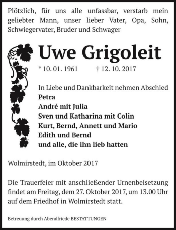 Traueranzeige von Uwe Grigoleit  von Magdeburger Volksstimme