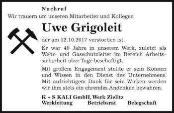 Traueranzeige von Uwe Grigoleit  von Magdeburger Volksstimme