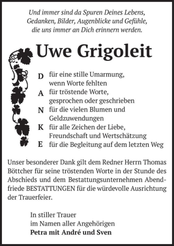 Traueranzeige von Uwe Grigoleit  von Magdeburger Volksstimme
